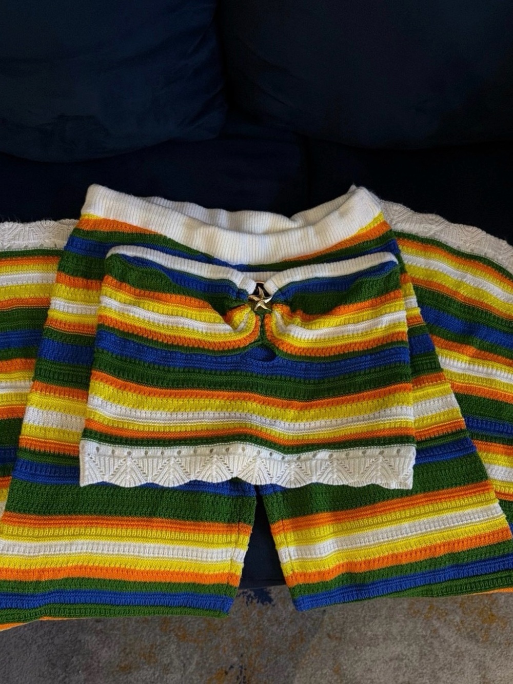 Rainbow Striped High-Waist Knit Shorts in Green, Yellow & Blue